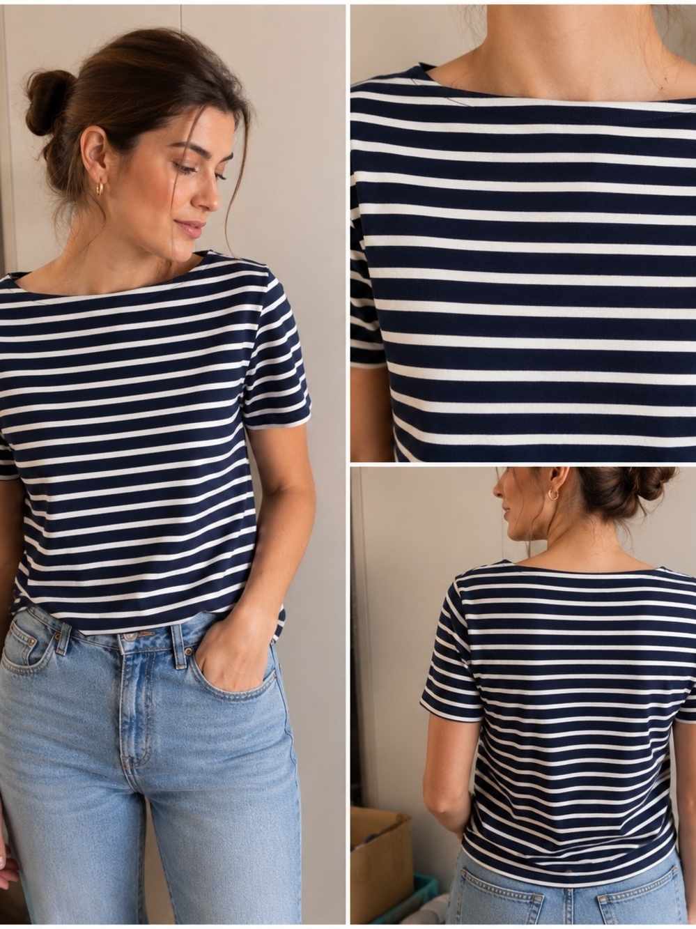 Talbots Black and White Striped Petite Crewneck Tee